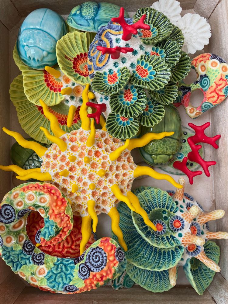 A collection of coral-like ceramic sculptures just out of the kiln. The colours are very bright, with a lot of orange, green, red, turquoise and yellow, with many textural and sculptural motifs, including spikes, waves, fans, branches, craters, brain coral, anemones and ridges.
The piece that takes centre-stage is a round sun-like piece, with vivid yellow tentacles radiating from a central area of white sponge and peach-coloured craters.
There are also a few scarab beetle sculptures.