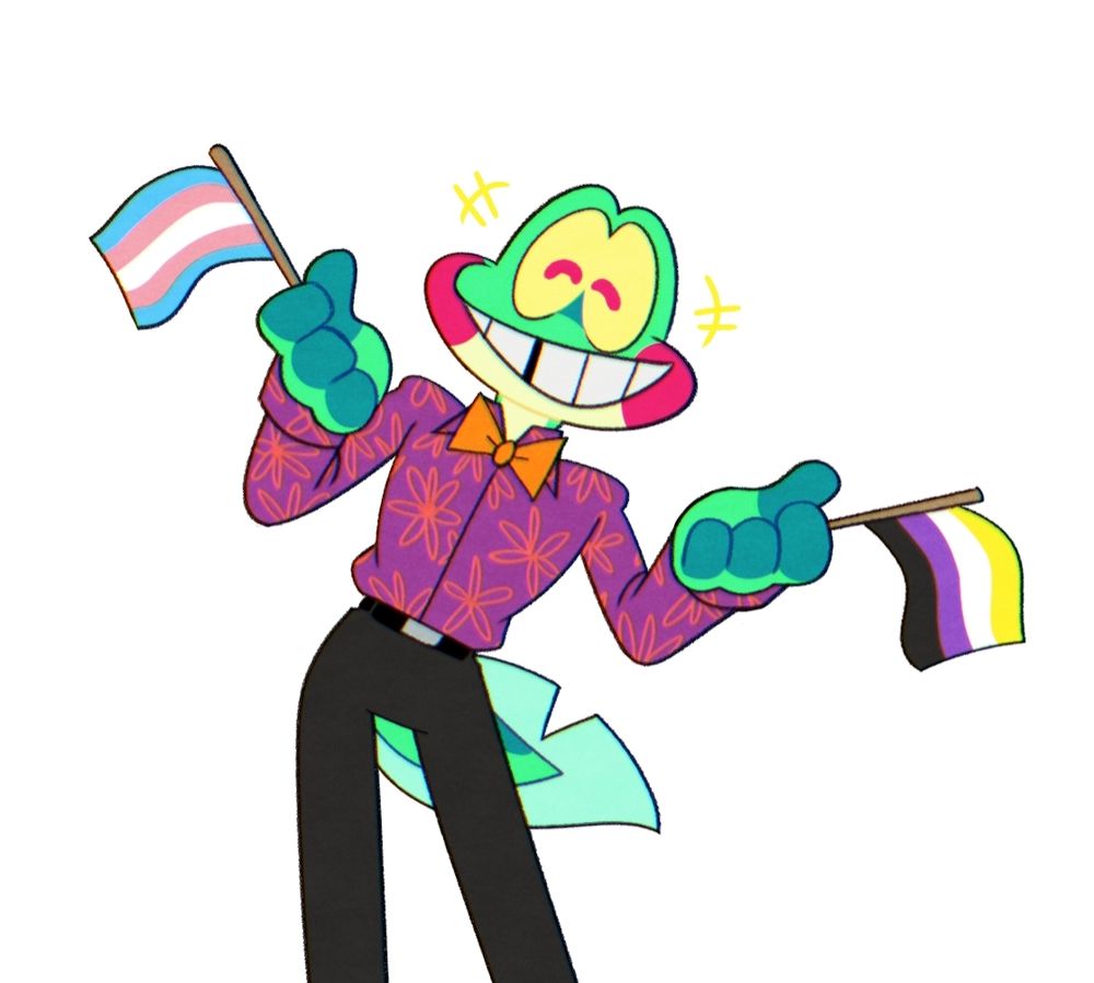 a frog holding transgender and nonbinary pride flags