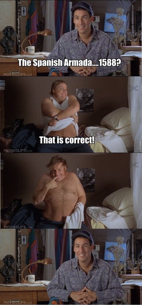 Chris Farley quizzing Adam Sandler in Billy Madison and rewarding him for answering with the correct year.
