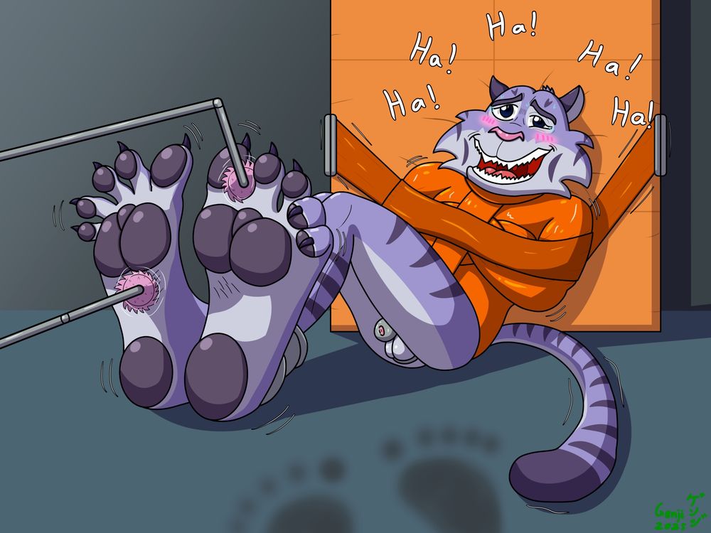 Juno the tiger is restrained in a straitjacket and chastity cage and laughs uncontrollable has his feet are tickled by mechanical brushes.