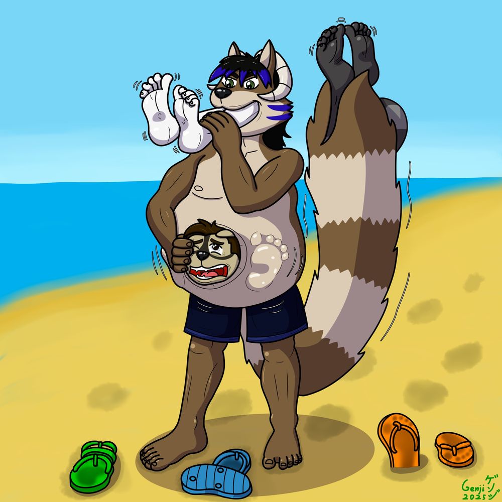 Tuskai the goon (goat/raccoon hybrid) eats Genji the wolfsky, Marcus the striped hyena, and Percy the raccoon with his mouth, naval, and tail mouth, respectively, to celebrate Vore Day, 8/8.