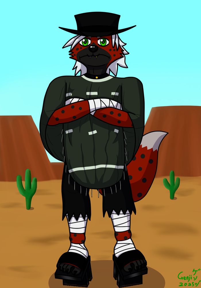 Rusty, the red fox-spotted hyena hybrid banchou, folds his arms and looks confidence in the west.