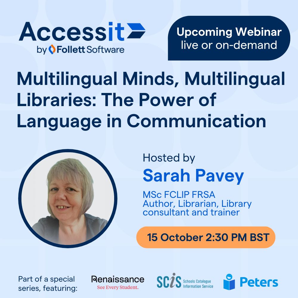 Promotional graphic for an upcoming webinar titled 'Multilingual Minds, Multilingual Libraries: The Power of Language in Communication' hosted by Sarah Pavey on 15 October at 2:30 PM BST.