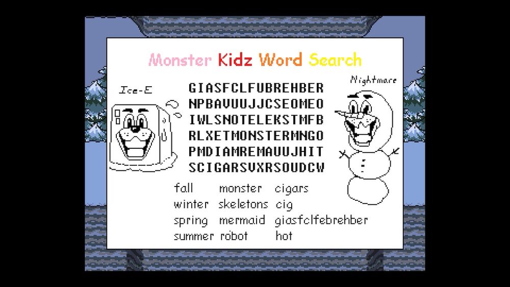 undertale screenshot: sans’ word search with an additional “nightmare” snowman with ice-e’s face