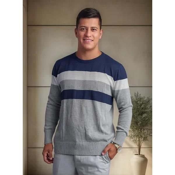 Suéter Masculino Manga Longa Listrado Trico