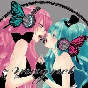 Iconic cover art of the song "magnet" by Hatsune Miku and Megurine Luka. They are standing with their mouths very close like they're about to make out. Both have butterfly headphones with colors matching the other's hair.