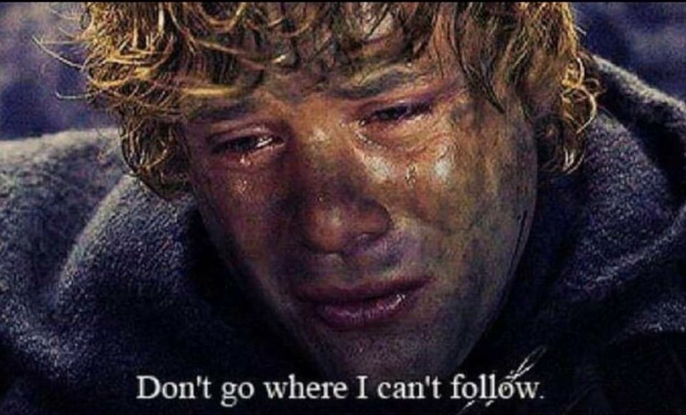 Samwise gamgee looking grimy as hell saying "Don't go where I can't follow."