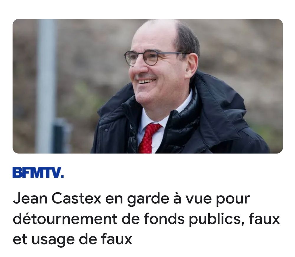 Screen de BFM montrant Castex souriant indiquant en dessous qu'il est placé en garde à vue.