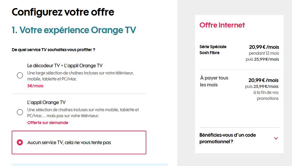 Forfait sosh pour les nouveaux clients : 20.99 par mois pendant un an puis 25.99 par mois.