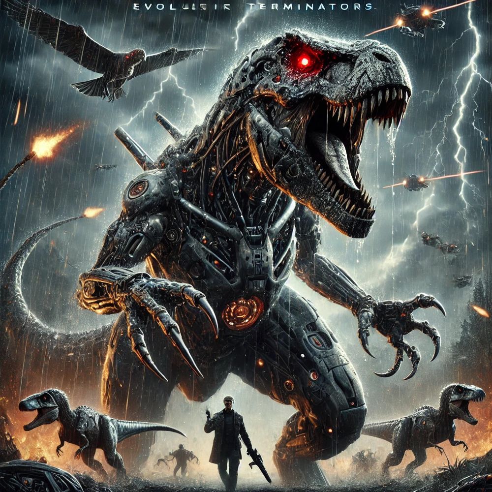 L'affiche de Jurassic Terminator: Dawn of the Predatorsaurus. Parodie d'affiche de film créée par une IA. 

Au centre, on voit un T-Rex cybernétique colossal, à moitié dinosaure, à moitié machine. Sa peau est partiellement remplacée par des plaques de métal, et ses yeux rouges brillent dans l'obscurité. Il pousse un rugissement féroce sous un ciel orageux, des éclairs illuminant la scène.
    Plusieurs raptors cybernétiques semblent l'assister. 
    Au premier plan, le T-800, se tient debout avec une posture de combattant. Son visage est partiellement endommagé. Il tient un fusil futuriste dans sa main gauche.

Dans le ciel plusieurs aéronef futuriste semble charger le T-rex et un cyber-aigle (POURQUOI ? ON SAIT PAS) prend un bon quart du haut de l'affiche a gauche.
