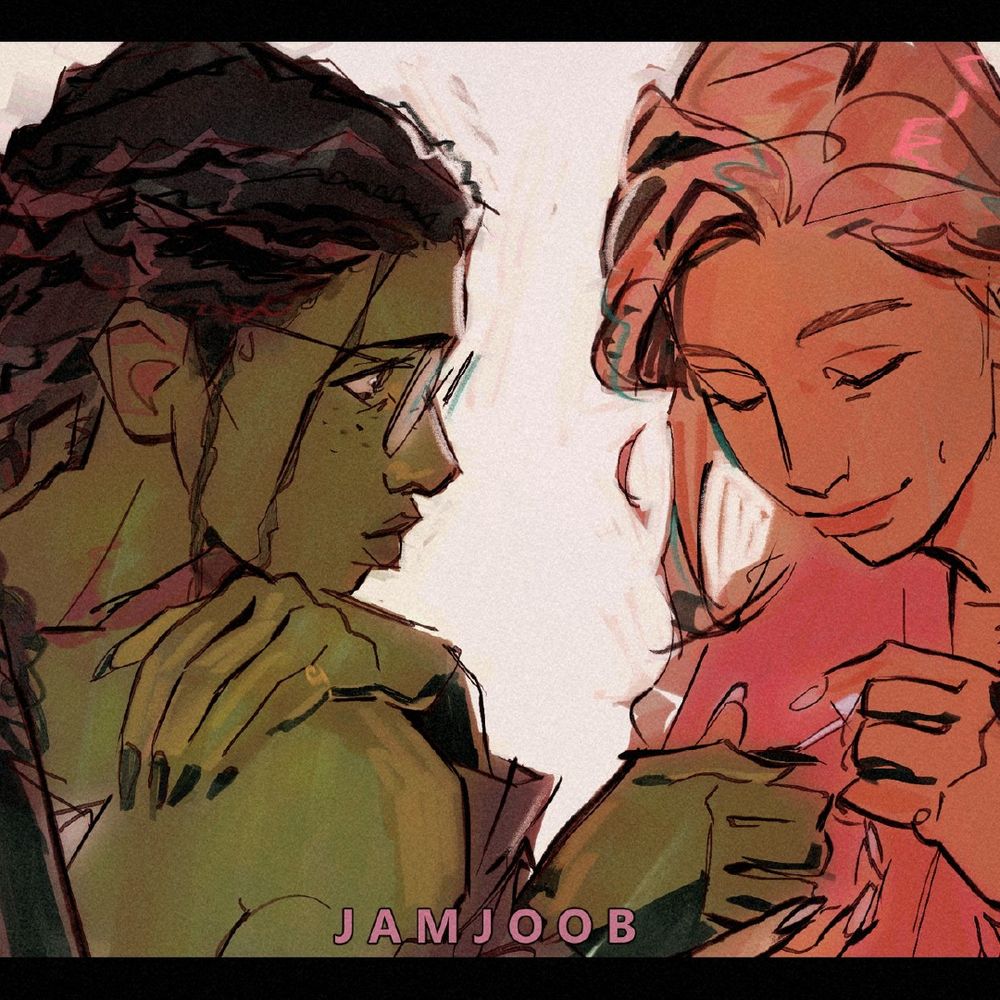 A sample of Jamjoob's art. It shows a tender moment between Glinda and Elphaba, with Glinda doing Elphaba's nails.