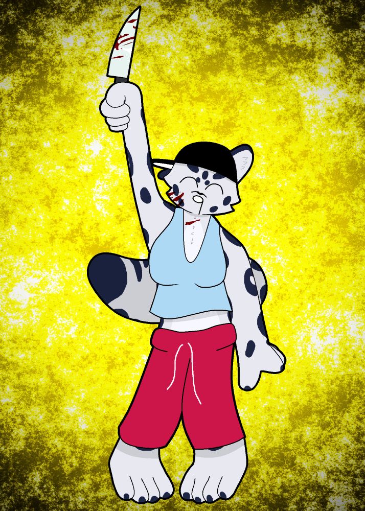 a snow leopard girl holding a bloody knife high in the air, a ^q^ plastered on her face.