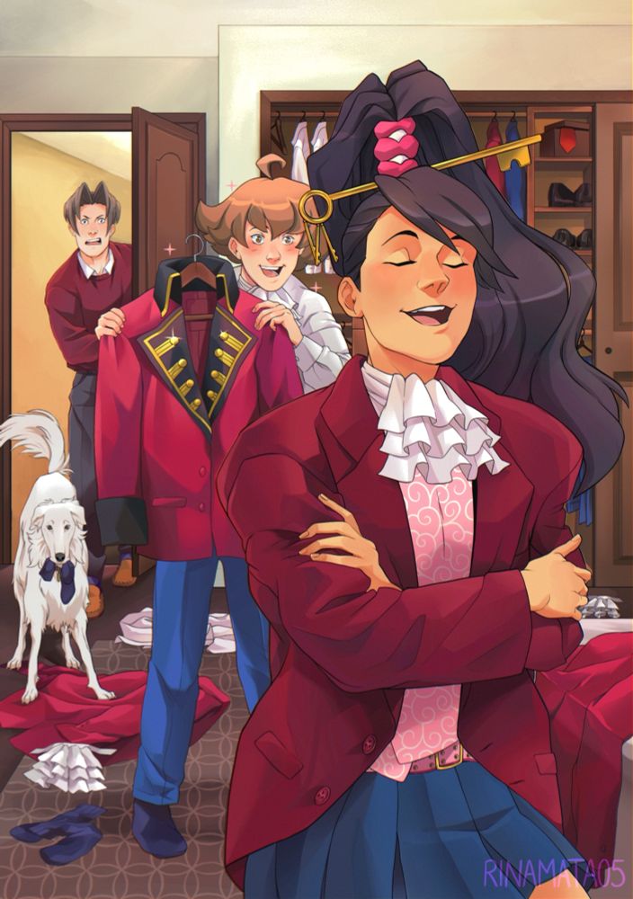 Kay Faraday stands in the forefront, wearing Edgeworth’s maroon suit jacket and jabot. She is mimicking him with a confident arms crossed pose and an overconfident expression. In the background, Edgeworth’s closet is wide open and his other suit jackets and articles of clothing are strewn about the bed and floor. Standing behind her, Eustace Winner is also wearing a jabot and excitedly holding Edgeworth’s debut jacket. Edgeworth is entering the room and is shocked by the commotion, while Pess (a borzoi) is playing with a loose sock.  