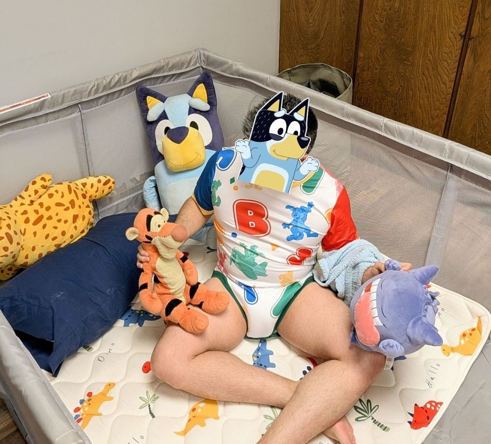 Adult male dressed in a colorful onesie (from the previous image) while sitting in a playpen playing with plushies of Tigger and Gengar. Face covered by sticker of Bandit Heeler