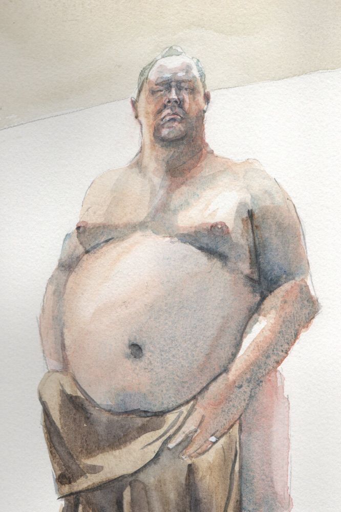 Watercolor painting of a shirtless man holding a towel to cover his private area.
