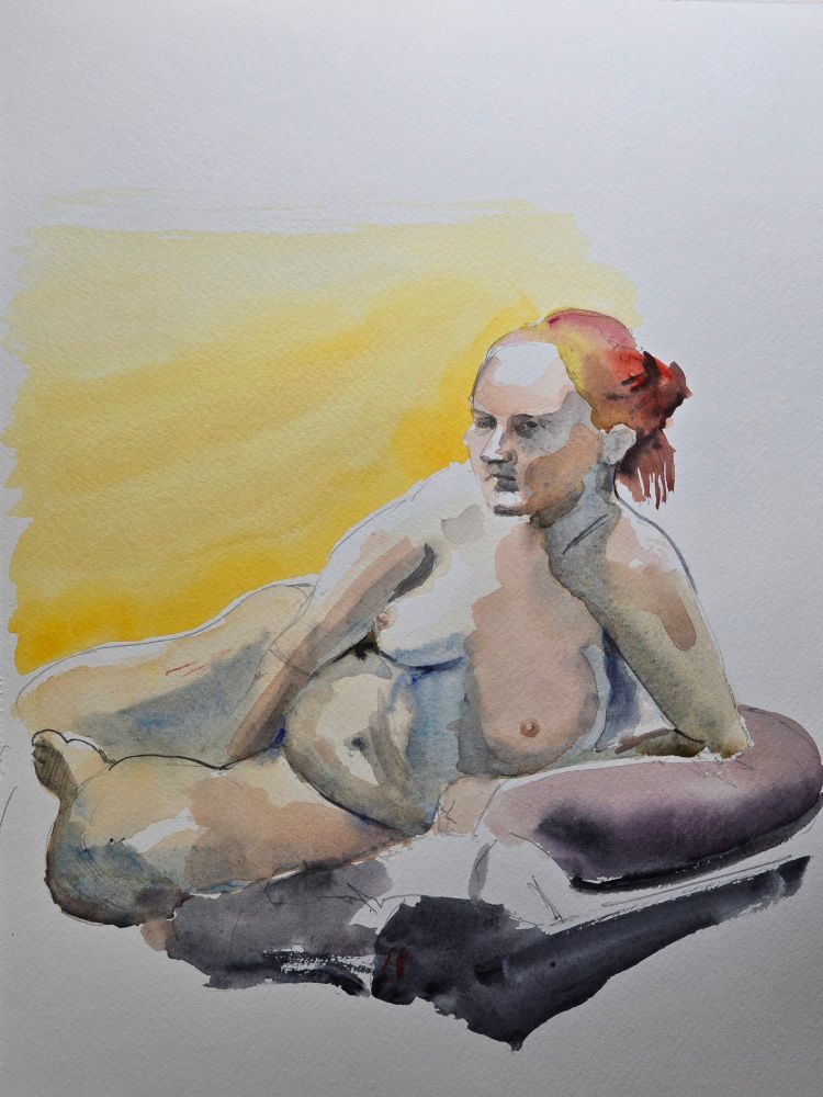 Artistc non sexual life drawing watercolor of female nude form. 