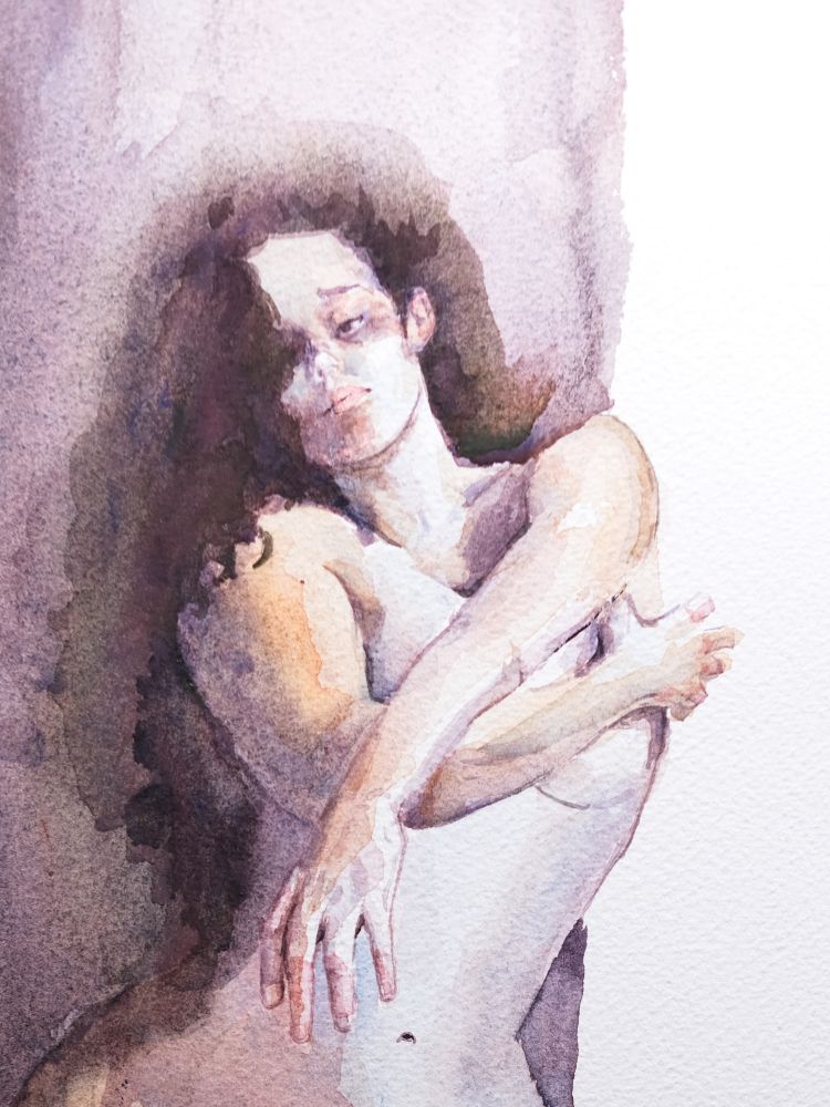 Watercolor figure drawing of woman.