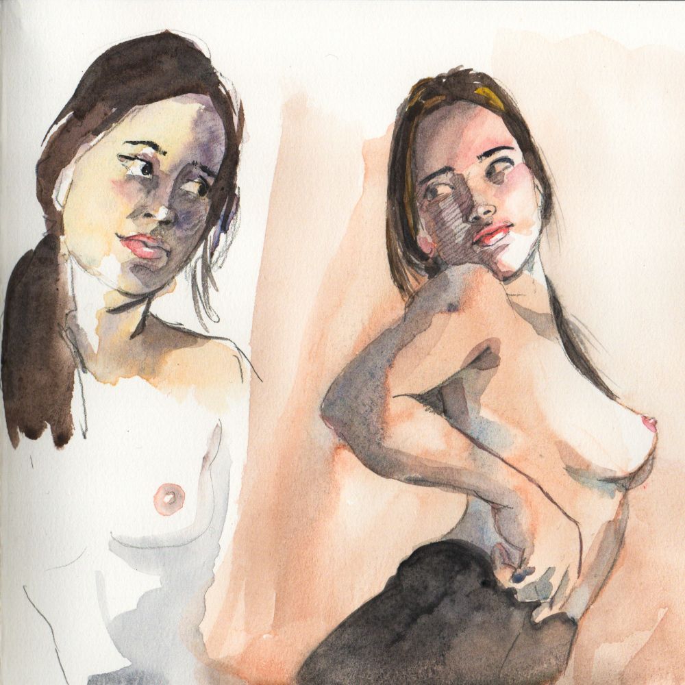 Watercolor of topless women. 