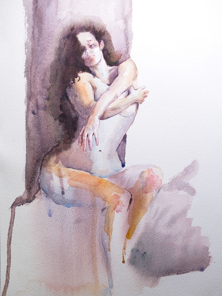 Watercolor figure drawing of woman.