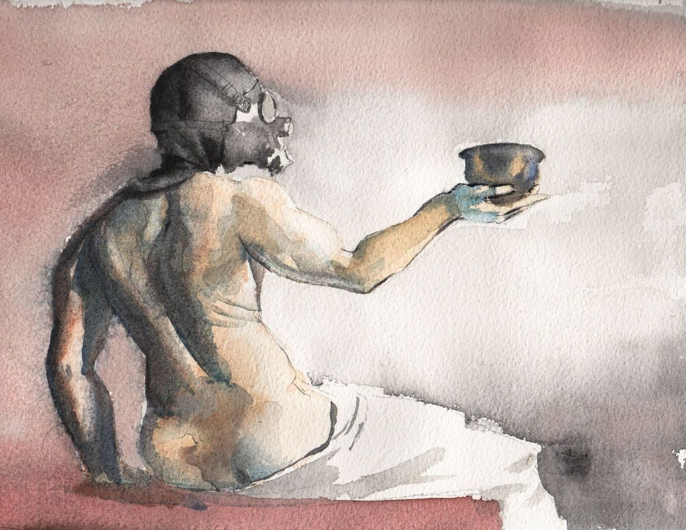 Watercolor of masked figure holding a vessel. 