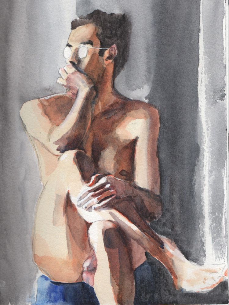 Watercolor of nude man thinking very deeply. 