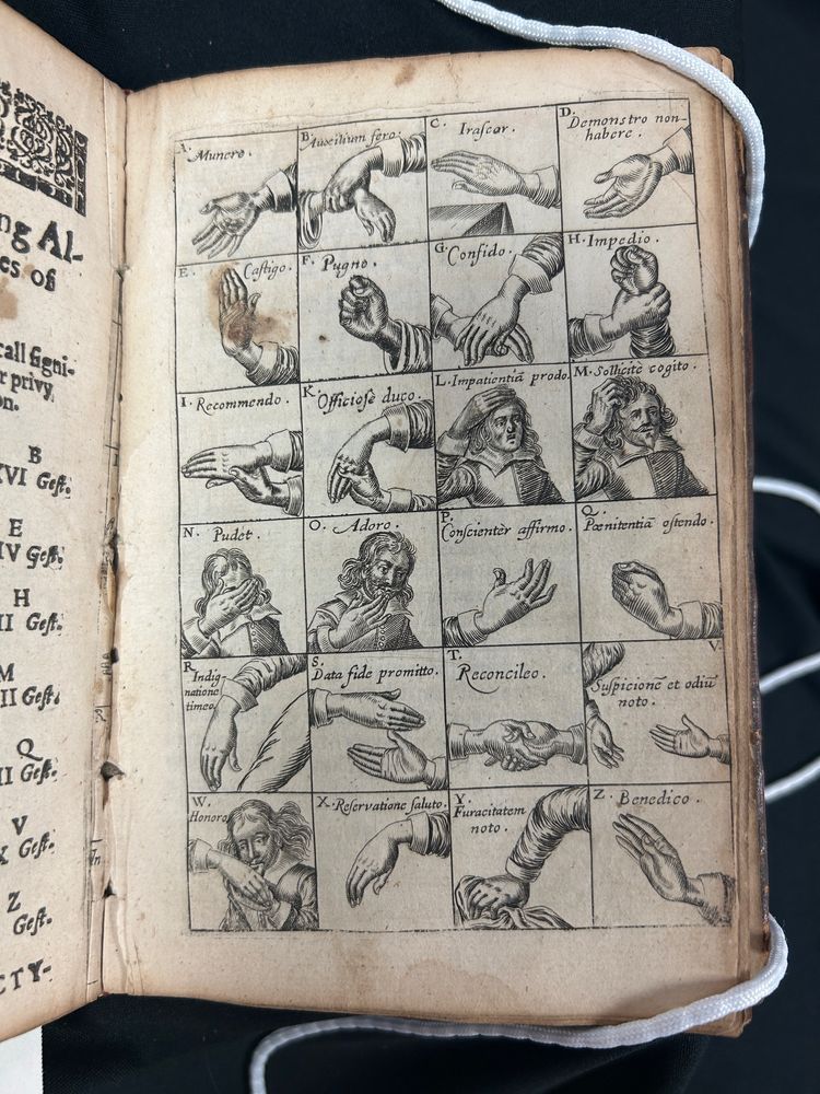 An engraved illustration showing a grid of 24 different hand gestures, labeled with their meaning in Latin.