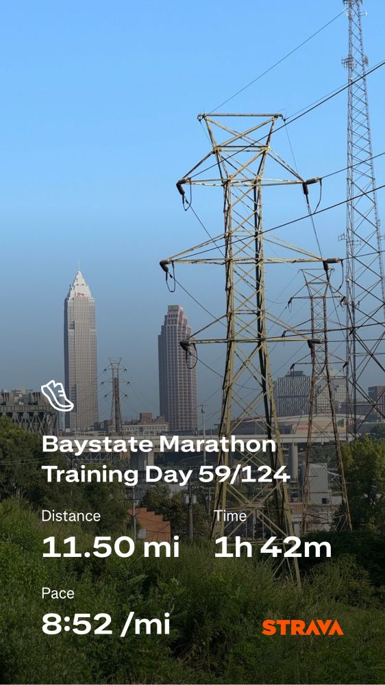 Cleveland skyline from the south, with the Key tower and Huntington Tower in the background, and two power lines in the front. 