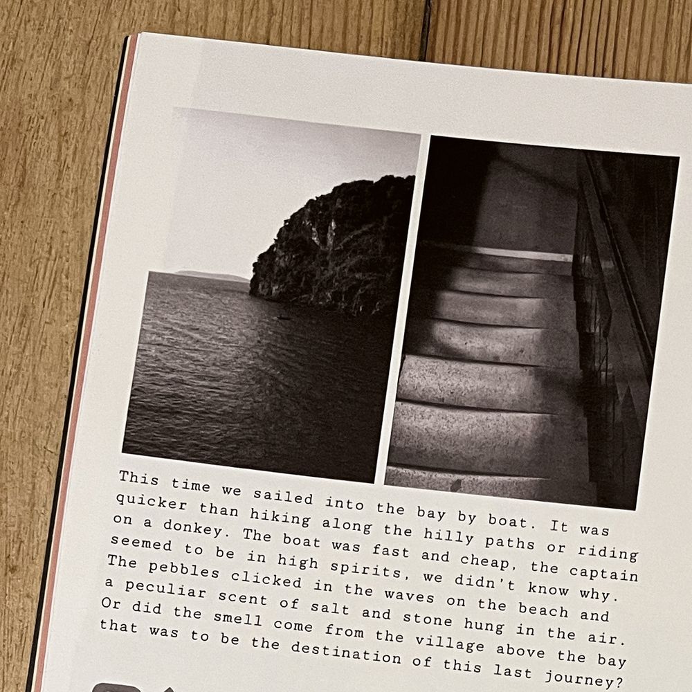 Seite aus dem Printmagazin FELD. Zwei dunkle Schwarz-weiß-Aufnahmen zeigen links eine Insel im Meer und rechts eine Treppe, die nach unten führt. Darunter steht ein englischer Text.