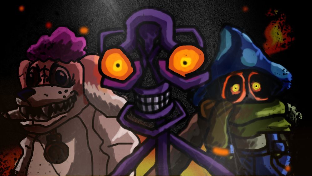 fanart of the mimic, sharpay, and the shroom man from five nights at freddy's sotm