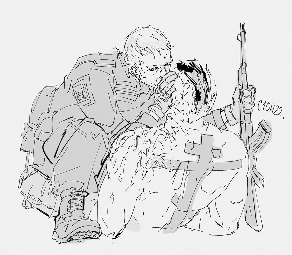 A shirtless male character, seen from behind, is lying on his back. He has a massive orthodox cross tattooed on his back. Hovering crouched above him is another male character, fully clothed in military fatigues, holding the right side of his face while bowing down to kiss him and looking up directly at the "viewer" of the drawing. He is holding an AKM by the barrel in his left hand, its butt against the floor to the right of the first character, crowding him between his foot and the rifle.