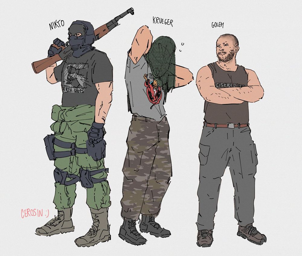 Close-up of Nikto, Krueger and Golem standing side to side. Nikto has an AK, his green flight suit is tied around the waist. Krueger is stretching his arms behind his head and wears camo cargo pants as well as his mesh net. Golem is looking to the side, arms crossed over his chest. He wears grey cargos.