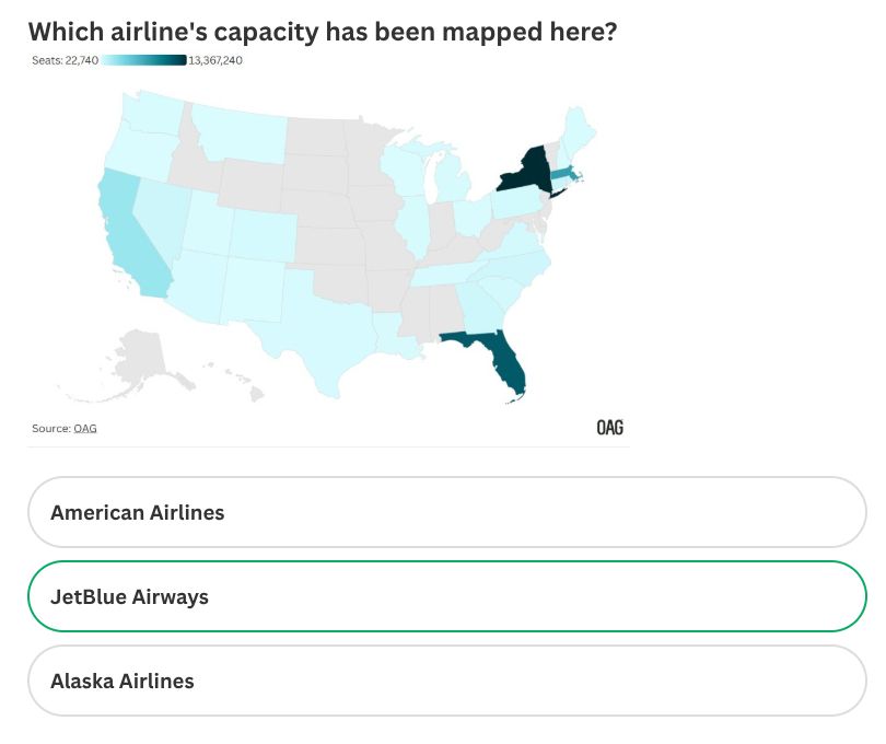 a map indicating that JetBlue airways' flights overwhelmingly originate from New York, Florida, or Massachusetts
