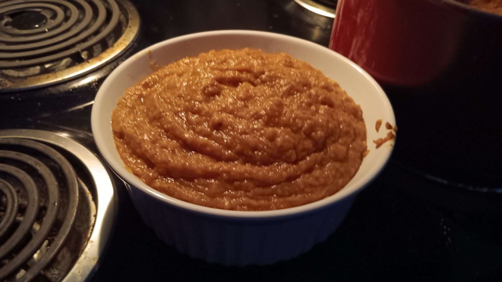 pumpkin soup with yummy stuffing and chicken stock hidden inside