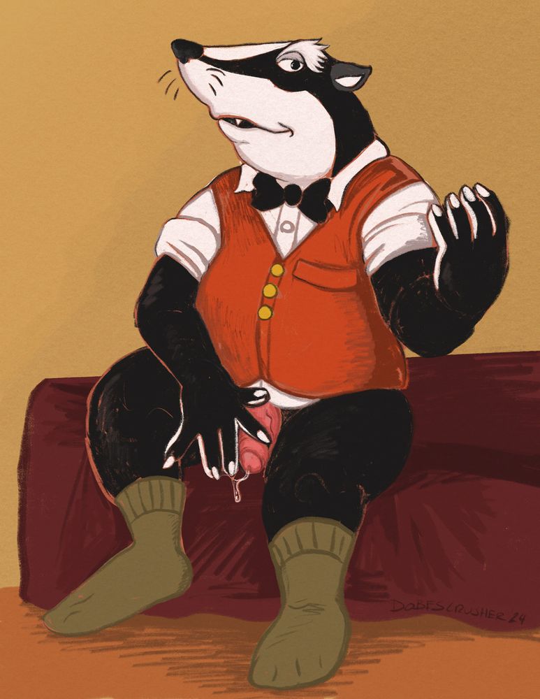 a colored sketch of Badger, as seen in the Rankin Bass version of Wind in the Willows, pantsless and beckoning to the viewer while stroking his dripping cock