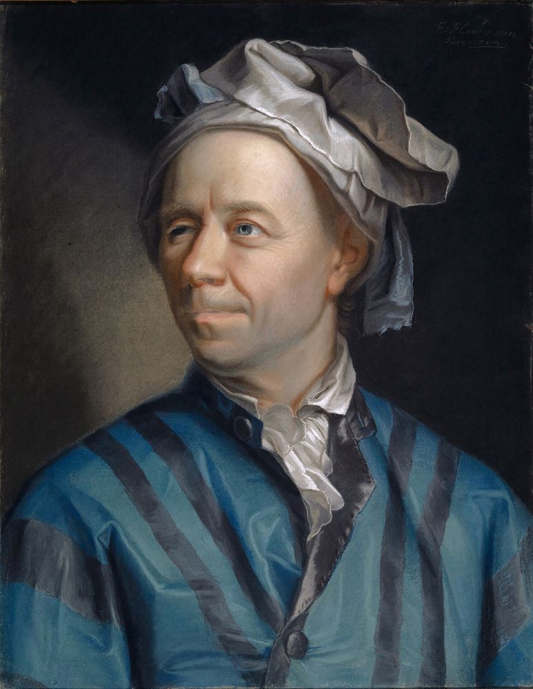 Well-known portrait of Leonhard Euler (painted by Jakob Emanuel Handmann) showing Euler in a blue shirt with vertical black stripes, wearing some kind of fabric headpiece that looks like a large dish towel tied around his head. 