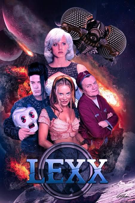 Promotional image for the late-90s Canadian/German sci-fi TV show Lexi, showing five of the characters, a spacecraft that looks like a dragonfly, and the series’s logo. 