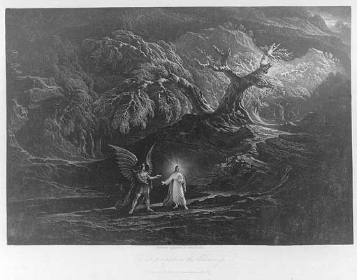 John Martin’s print “Christ Tempted in the Wilderness” (1824). From a distance, we see Satan (with majestic wings unfurled) speaking with Christ, who turns his head away. They are standing in a valley, in front of a partially-blasted tree.