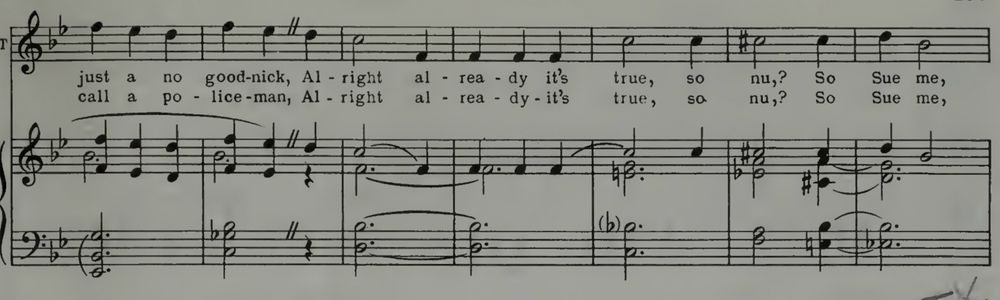 Part of the score for “Sue Me” from Guys & Dolls. It includes the words “call a policeman.”