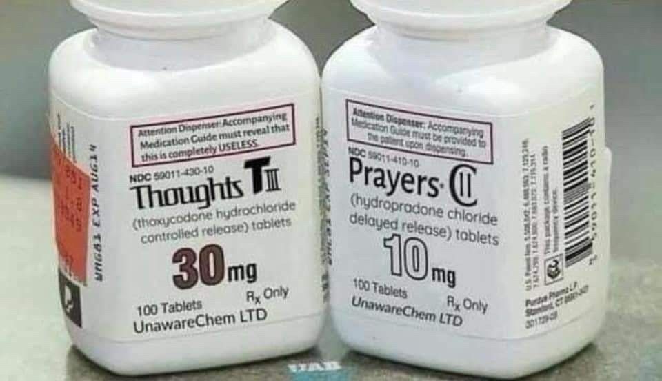 Parody picture of a prescription of "Thoughts and Prayers"