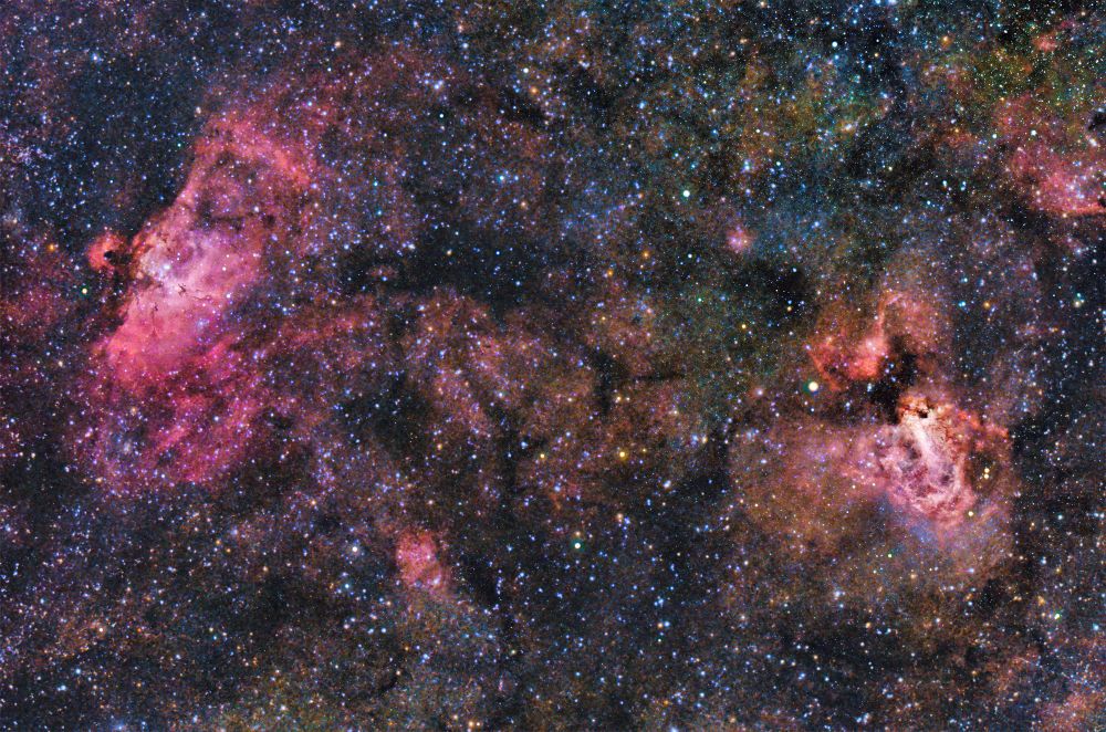 M17 - Omega Nebula - NGC 6618
M16 - Eagle Nebula - NGC 6611

Taken with an 3" APO AT80EDT
ZWO ASI2600 DUO 30s exposures for 34 minutes
on an AM5N mount

Processed in:

DSS
GraxPert
CosmicClarity
SetiAstro
Gimp


©Viumobile