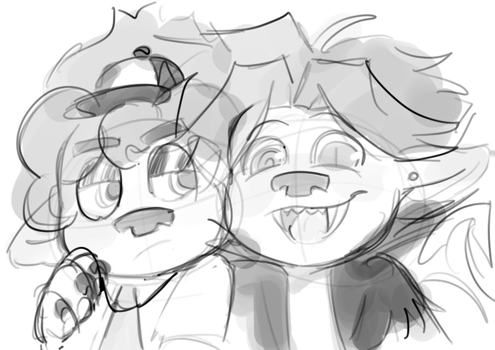 A sketch of the same dragon-like character side hugging a different troll.