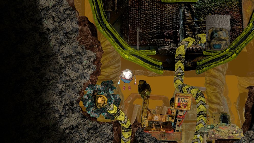 A screenshot of mashina, a 2D game about digging. The player character is underground and conveyor belts are nearby 