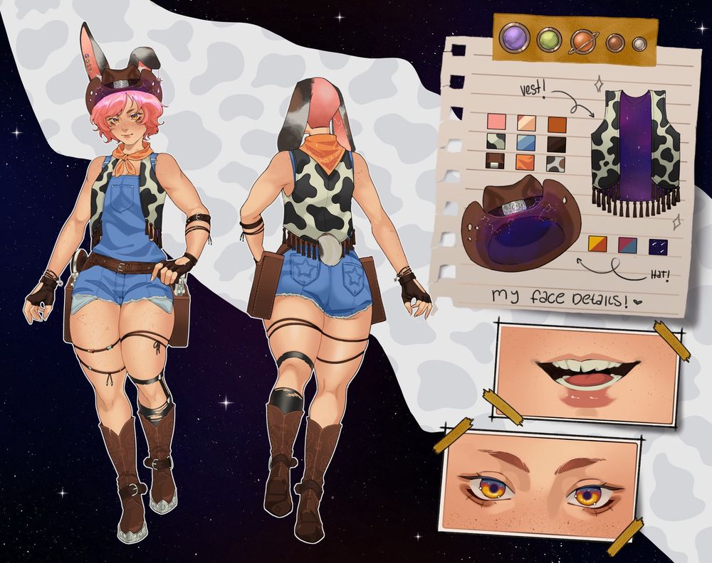 Reference sheet for a cosmic cowgirl with bunny ears 