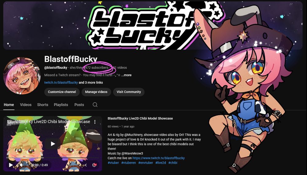 Screenshot of the YouTube channel for BlastoffBucky with a chibi on the foreground of the character and circled "472 subscribers" 
