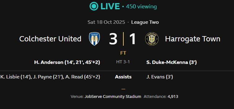 screengrab of the bbc sport website showing colchester united 3 v 1 harrogate town full time score.