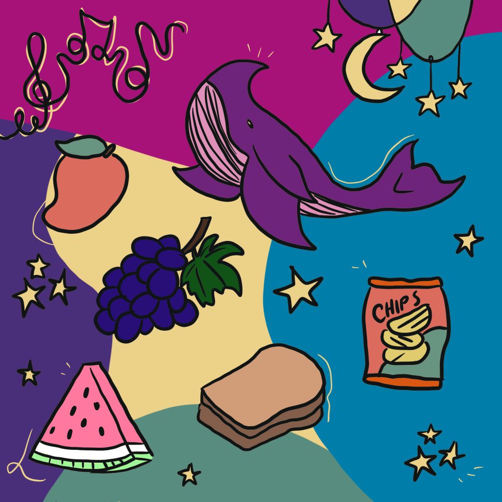 Digital illustration shows snacks and a purple whale floating on top of a block coloured background. There are musical notes in the top left hand corner and small yellow stars sprinkled throughout. 
