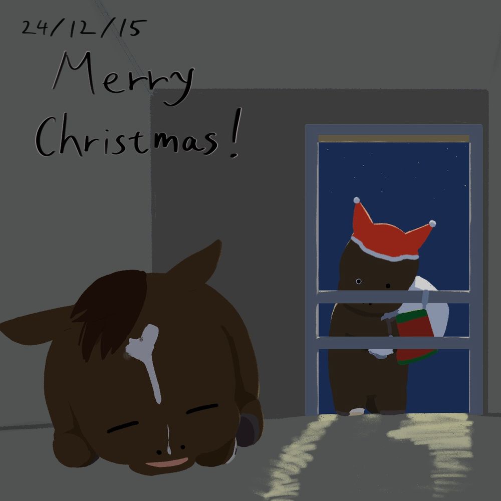 二足歩行するタイプの競走馬がいるイラスト。眠っているエンペラーの元にプレゼント配りに来たファンロン