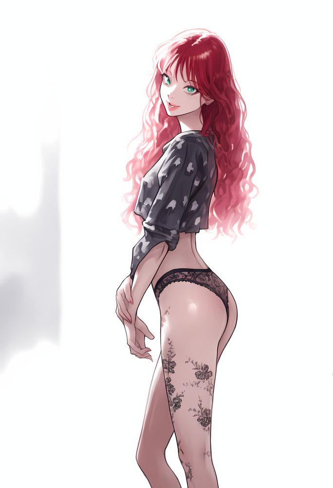 Illustration of hot, sexy red haired girl with tattoos.