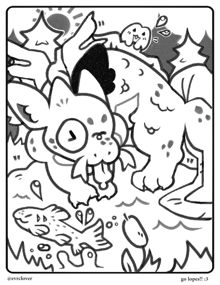 black and white coloring page of camp cabin tadpoles mascot ‘toad’. it is fluttering over a lake with a frog on its back. a rainbow trout flops out of the lake to its side, and it is surrounded by trees / grass / a single cattail
