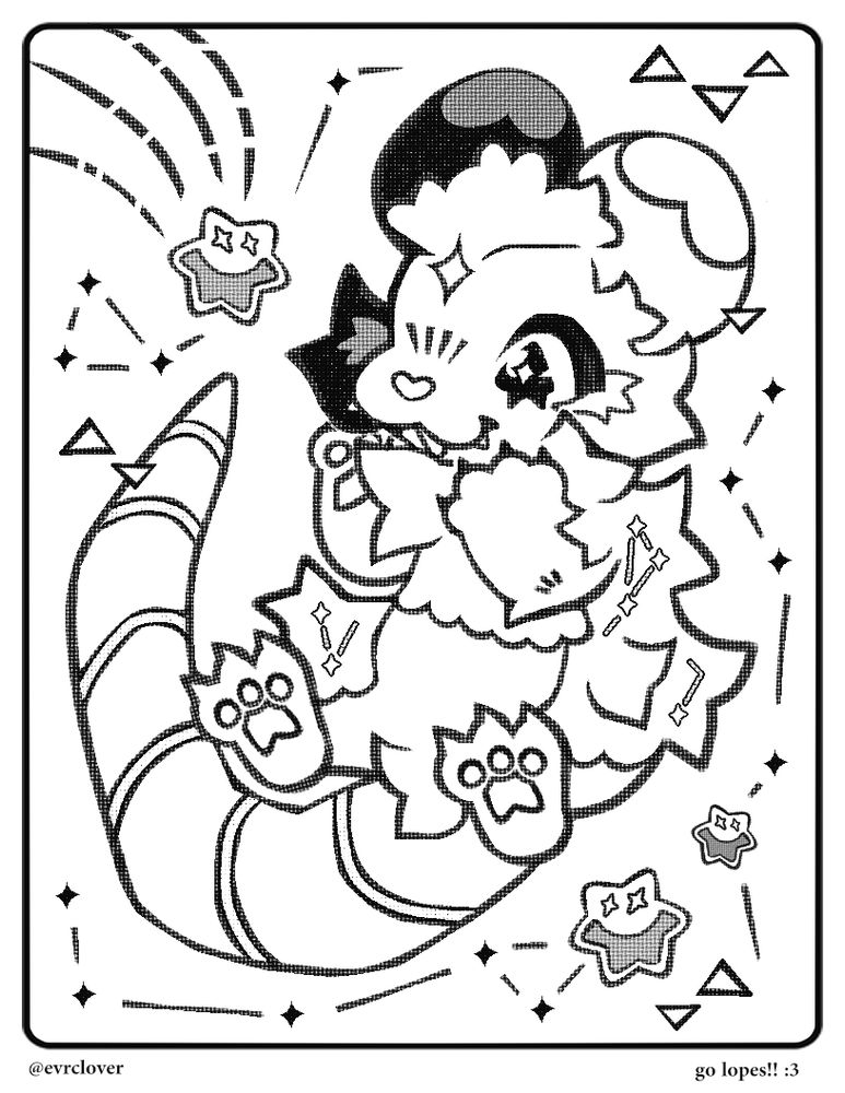 black and white coloring page of camp cabin opossum mascot ‘charts’. it is surrounded by konpeito shaped stars and constellations